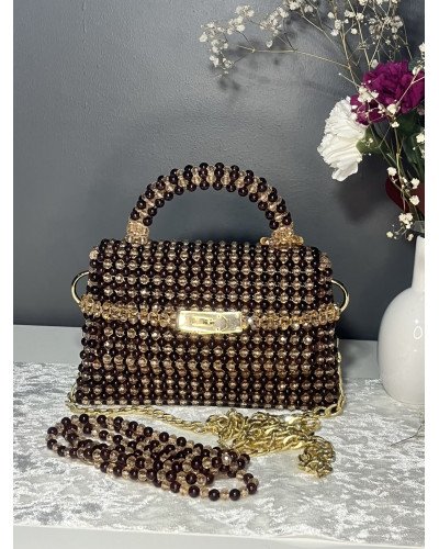 Sac perles marron et or fait main