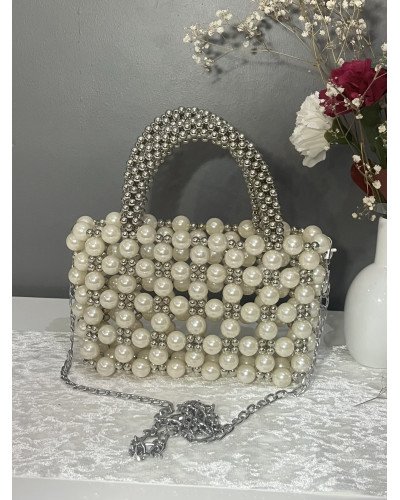 Sac à main en perles ivoire et argenté